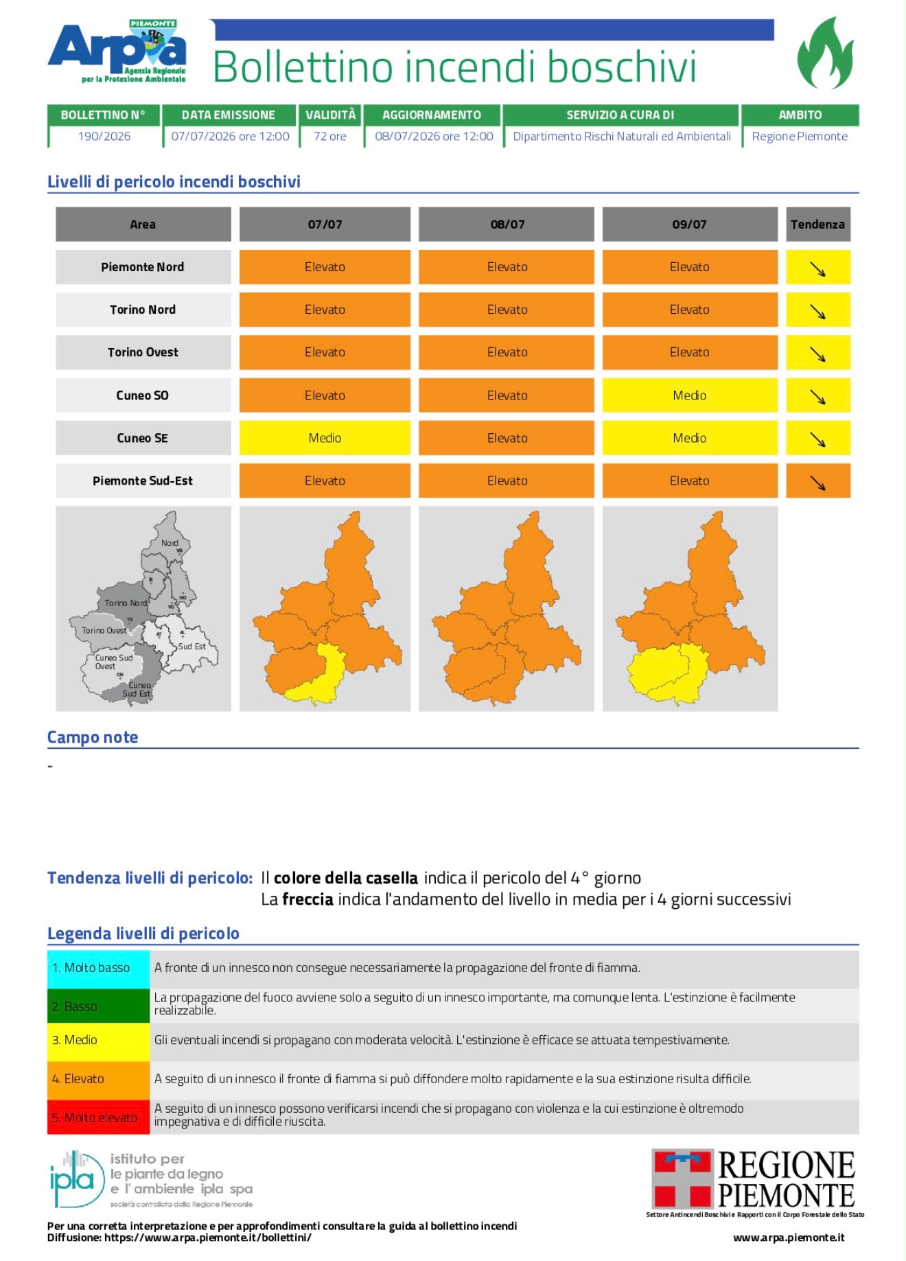 La Regione Piemonte dichiara lo stato di massima pericolosità per gli incendi boschivi su tutto il territorio regionale a partire dall'8 luglio