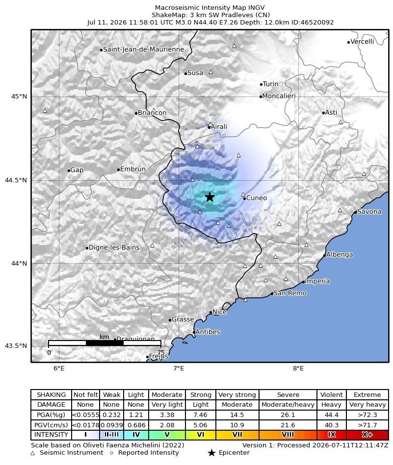 Scossa di terremoto in provincia di Cuneo, distintamente avvertita dalla popolazione; i dettagli